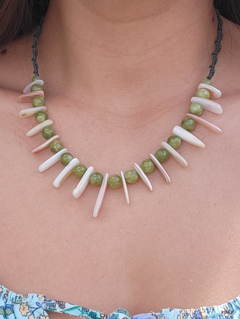 Green and Ivory Bead Spike Necklace - Women Jewelry